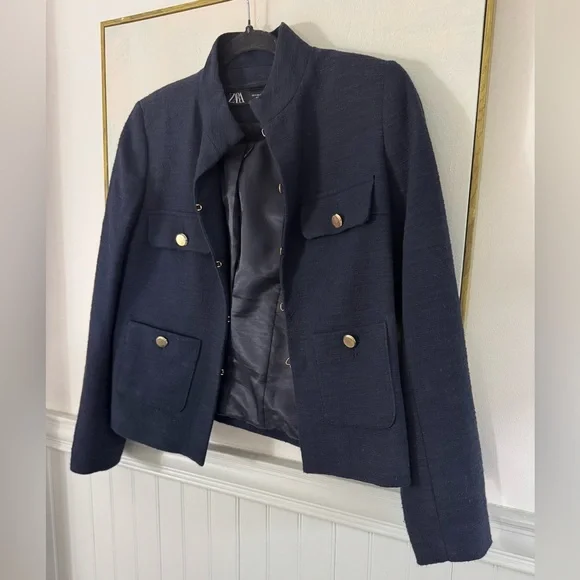 ZARA Textured High Collar Blazer Navy Blue Size M - Picture 5 of 8